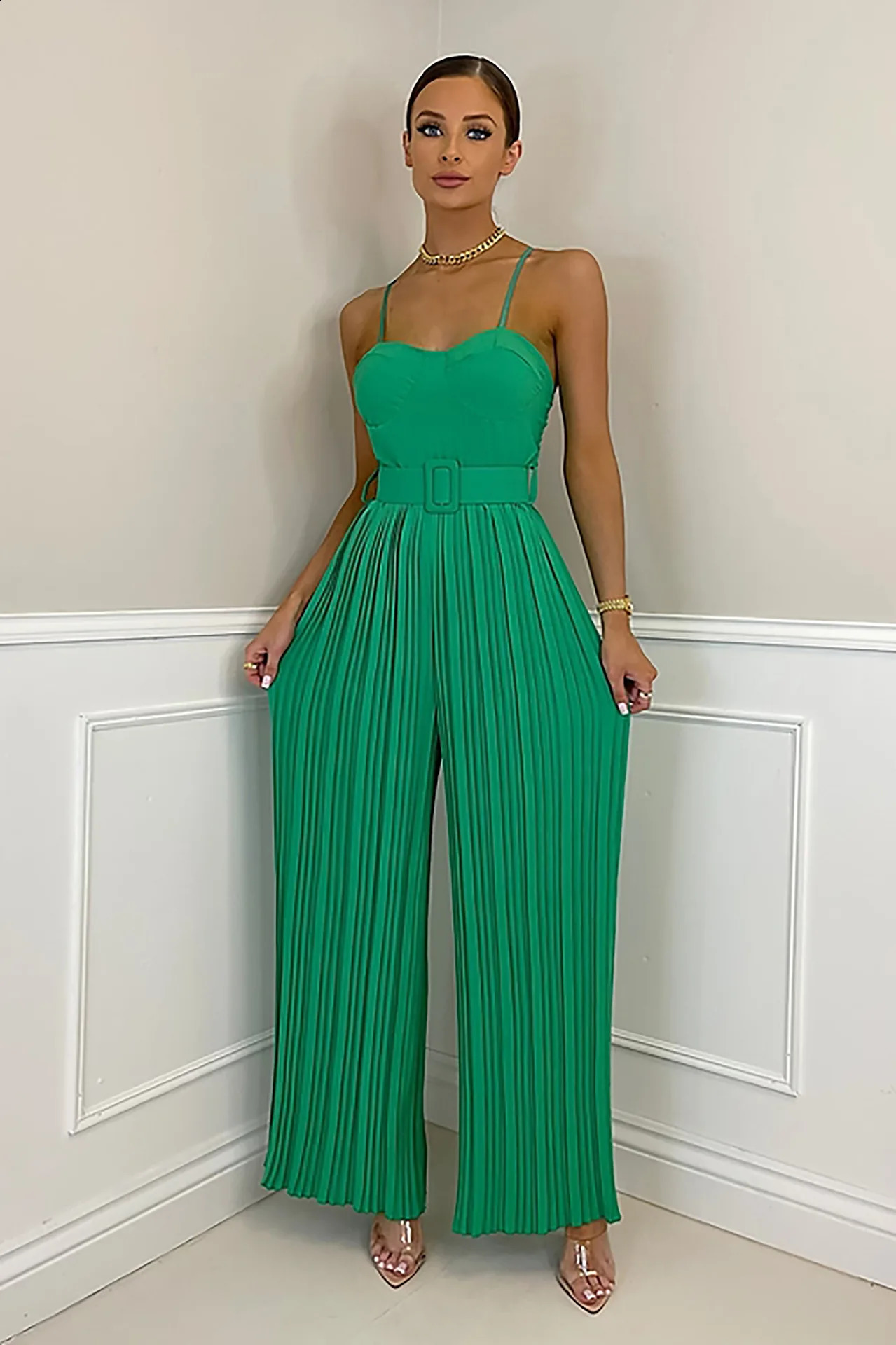 Summer Casual Suspenders Long Jumpsuit Women Sexy Fashion Solid Sleeveless Sashes Pleated Wide Leg Jumpsuit Orange Female 240813