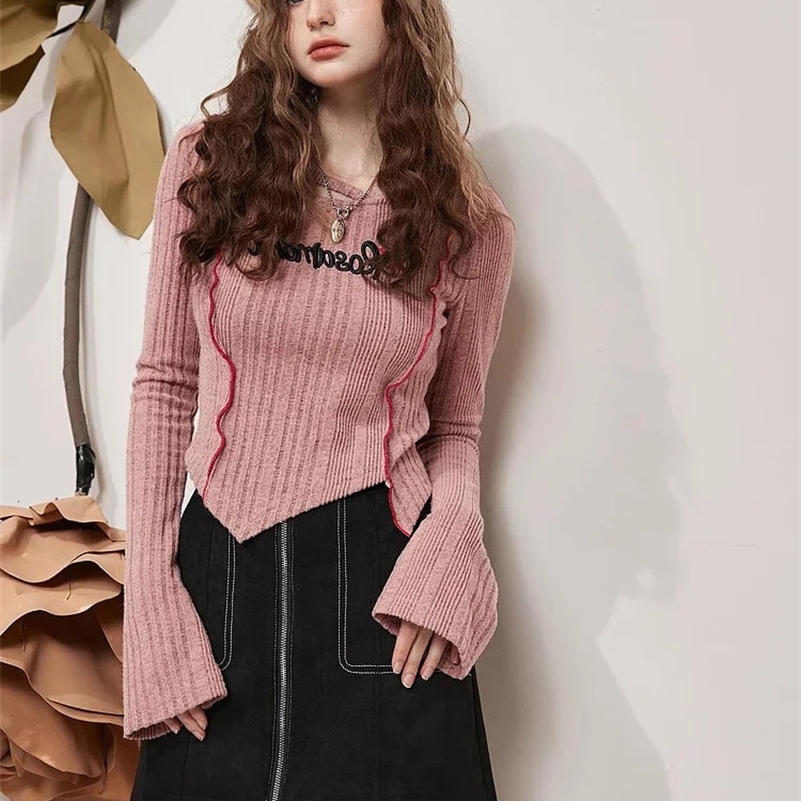Womens Pink Pullover Knit Sweater Y2k Aesthetic Vintage Harajuku Elegant Long Sleeves Sweaters Fashion 2000s Clothes 240812