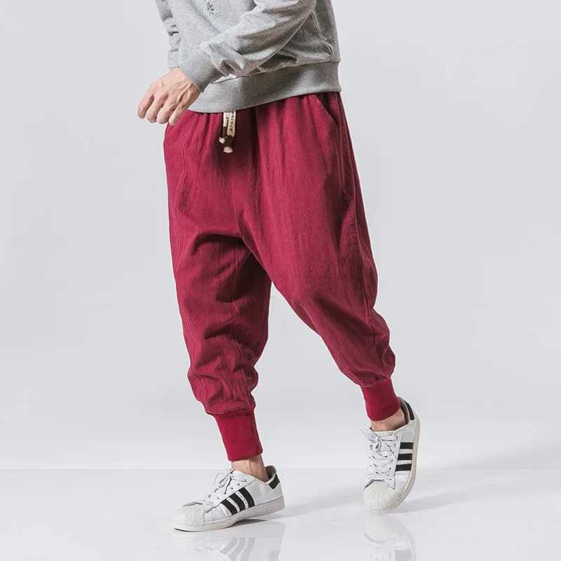 Spring Casual Oversize Harem Pants Men Streetwear Solid Color Harajuku Baggy Pants Cotton Linen Elastic Waist Joggers For ManXJ240813