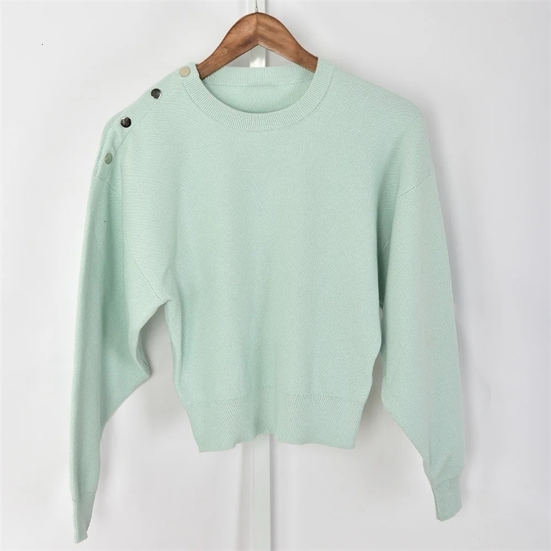Metal Buttons Sweater Women Preppy Style O-neck Long Sleeve Simple Ladies Pullover Early Spring 2 Colors 240812