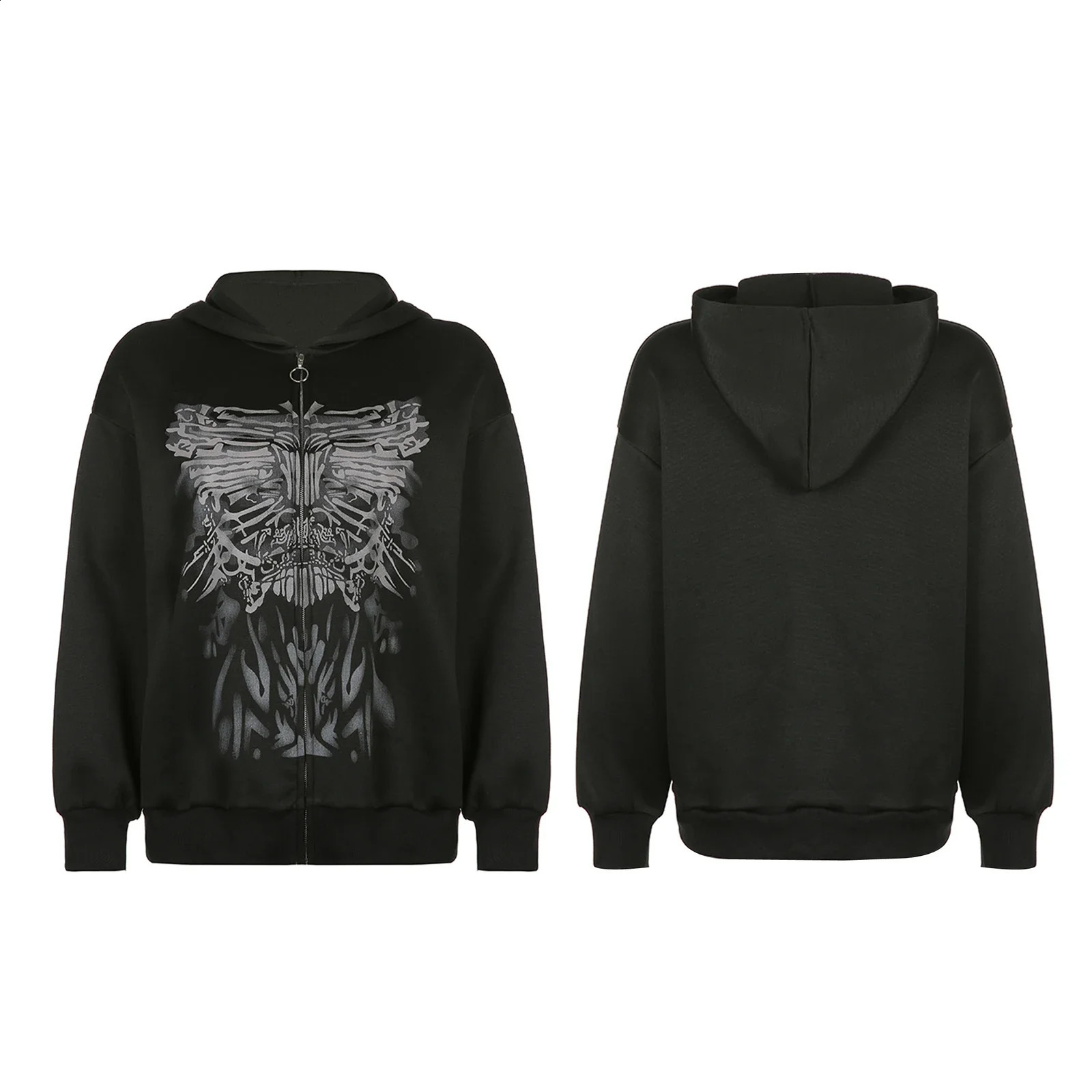 Combhasaki Y2K Gothic Style Women Casual Long Sleeve Loose Cardigan Harajuku Vintage Butterfly Printing Zipper Hooded Sweatshirt 240812