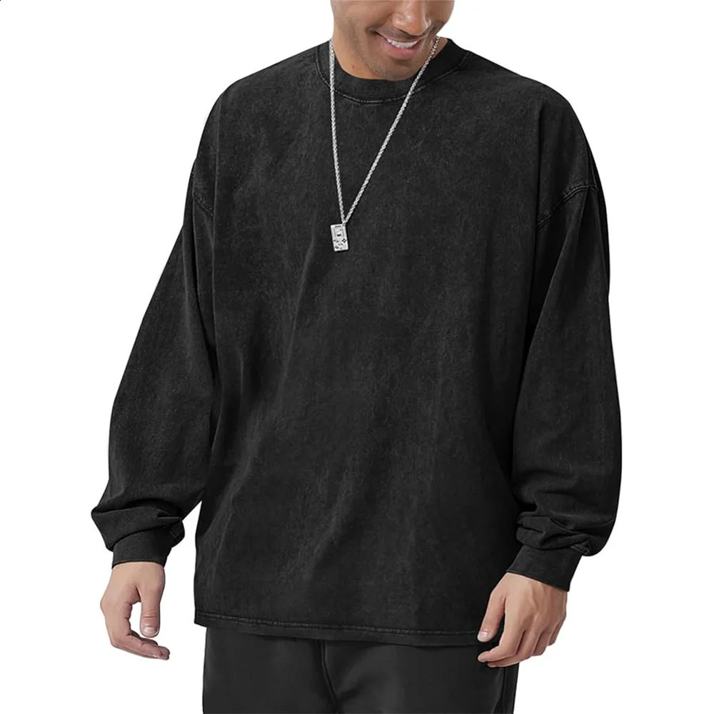 230G Mens Oversized Cotton T-Shirts Heavy Weight Crew Neck Vintage Wash Tee Long Sleeve Casual Gym Workout Tops 240812