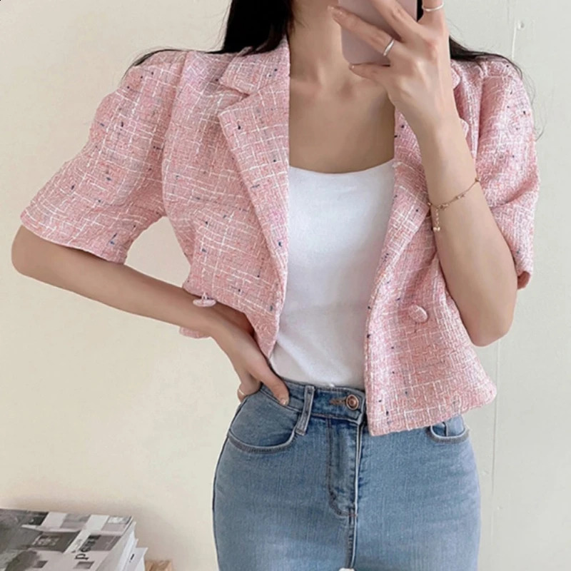 Summer Chic Elegant Suit Collar Autumn Womens Coat Double Row Two Buttons Loose Style Bubble Sleeve Tweed Short Female Jacket 240812