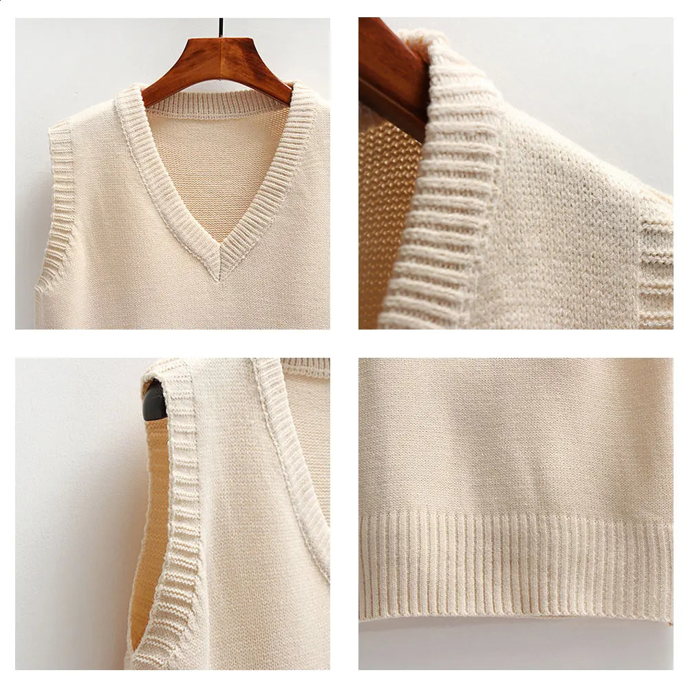 Women Korean Harajuku Sleeveless Knitted Sweater Casual Vest Elegant V Neck Waistcoat Loose Pullover Female Autumn Jumper 240813