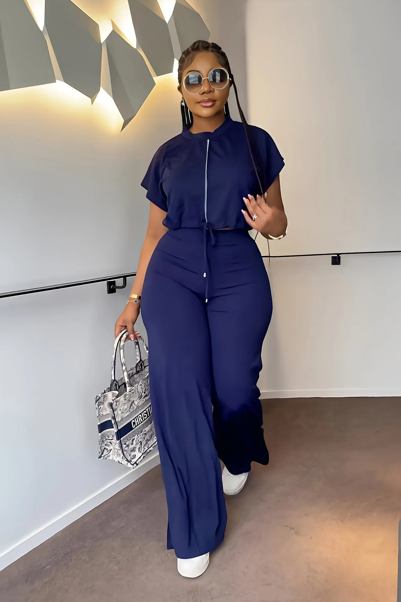Summer Fashion Sports Style Two Piece Set for Women Casual Drawstring Top Split Wide Leg Pants Two Piece Set Women 240813