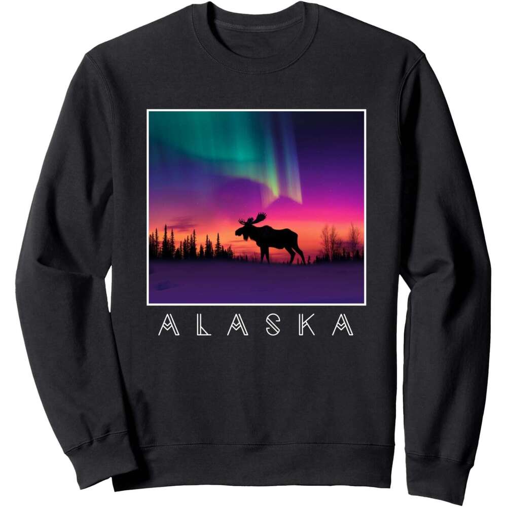 Long Sleeve Shirts For Men Sweatshirt Moose - Aurora Borealis Alaska State &Amp; Landscape Sweatshirt T Shirt Graphic Tee Streetwear Casual Tops Cloth