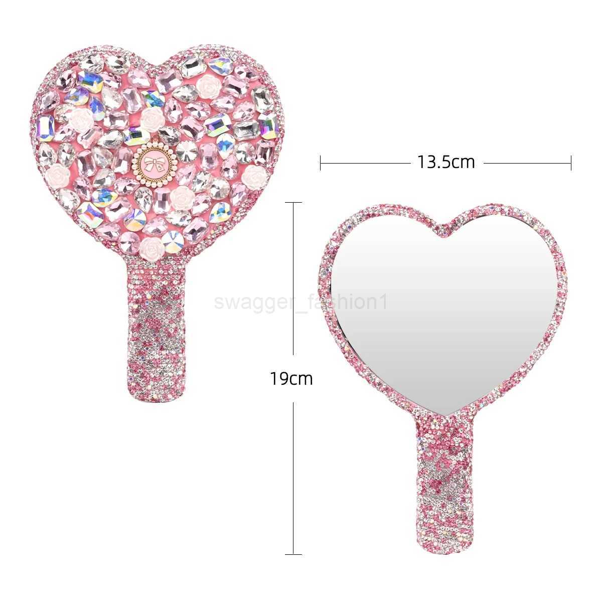Shiny Diamond Handheld Makeup Mirror Round Square Love Heart Mirror Handle Makeup Cosmetic Beauty Tools Vanity Make Up MirrorXJ240813