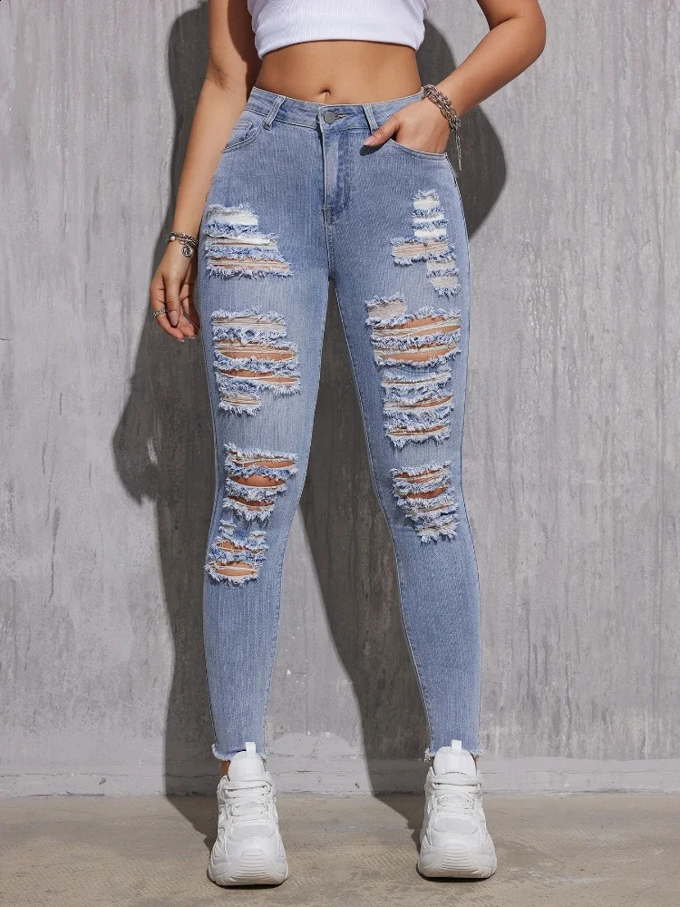 Women Stretch Skinny Ripped Jeans Lady High Waist Hole Denim Pants Zipper Button Fly Pockets Solid Color Denim Pencil Trousers 240813