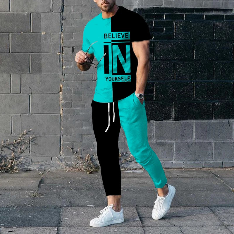 Men Fashion Short Sleeve T-shirt Trousers Sets Vintage 3D Print Oversize Tracksuit Two Piece Sportwear Suit Outfit Clothes 240813