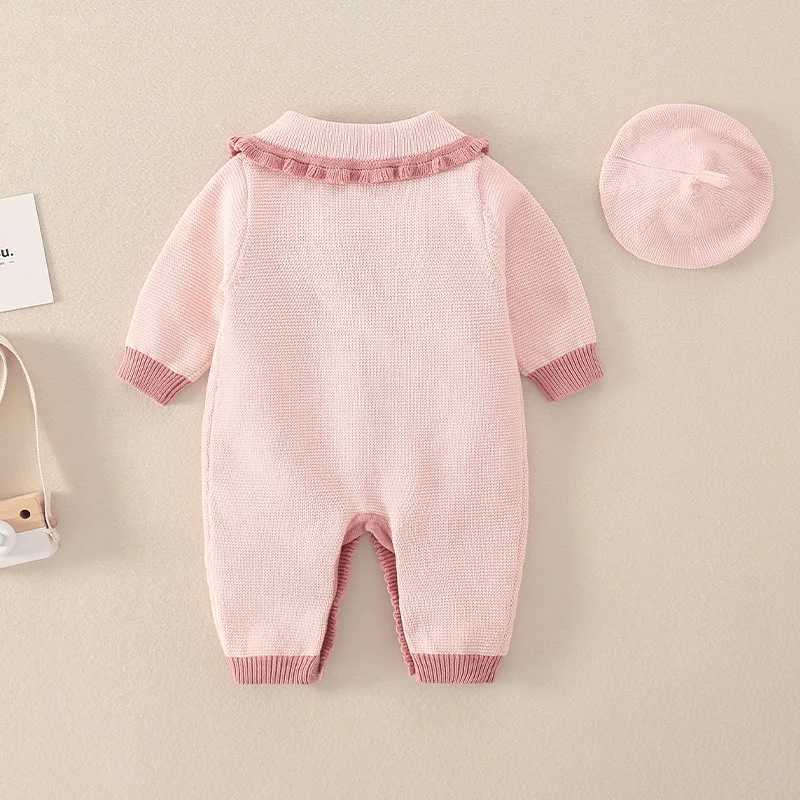2024 Autumn Winter Newborn Girls Knitted Hoodie Cotton Long Sleeve Embroidered Collar Baby Girls Onesie Baby Girls Tight Clothes W240812