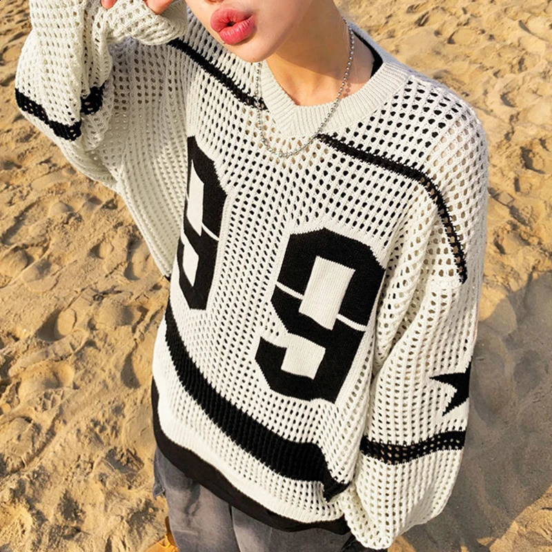 HEYounGIRL Contrast Digit Graphic Women Sweater Hollow Out Stylich Chic See Through Smock Top Harajuku Long Sleeve Pullovers Y2K 240812