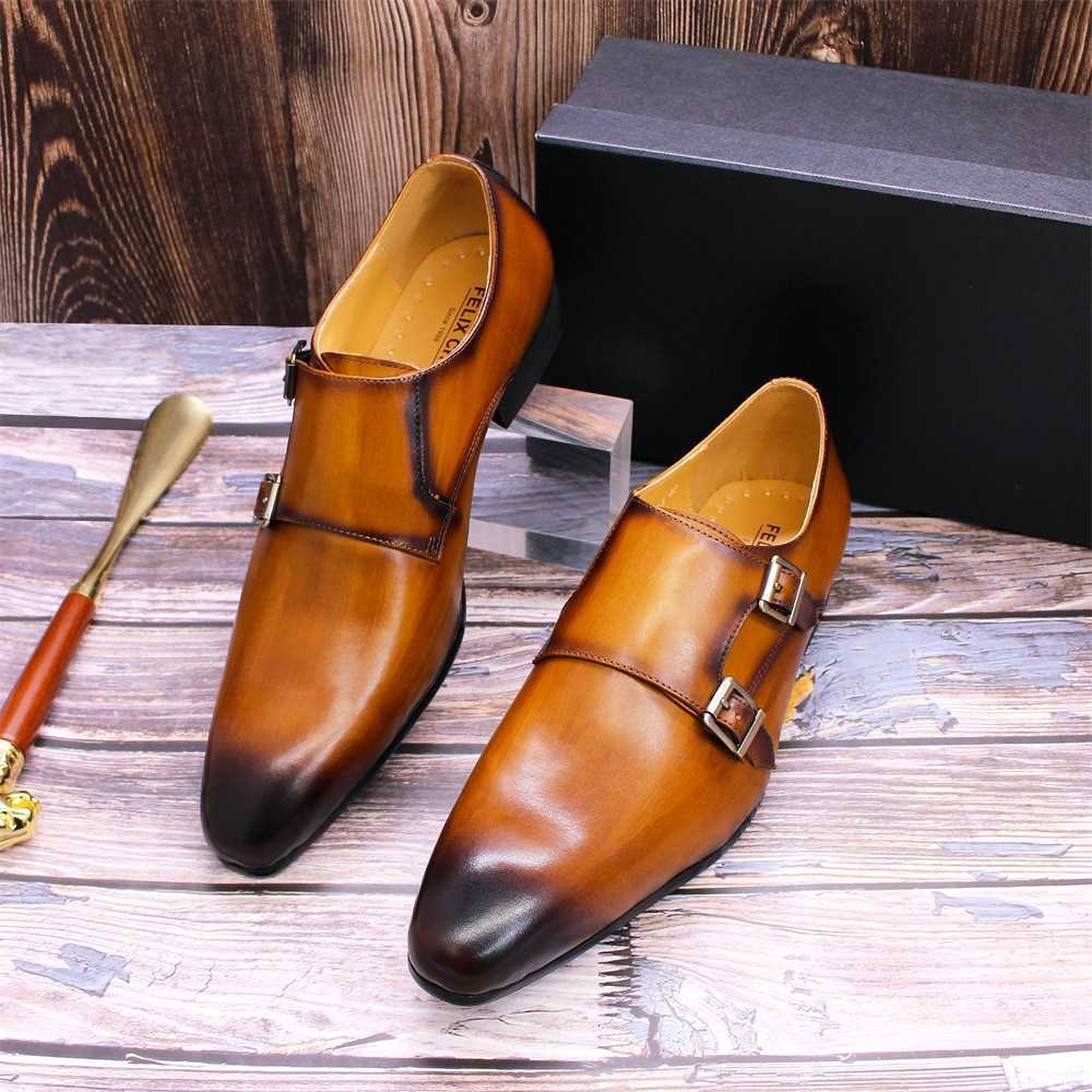 CMM Mens Leather Shoes Leather Buckle Monks Shoes Business Dress Shoes Brown Black Pointed Handmade Leather Shoes Men