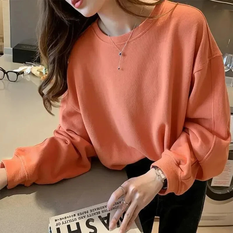 Korean Sping Autumn Pure Cotton Thin Womens O-Neck Solid Drawstring Fashion Casual Versatile Loose Long Sleeve Sweatshirts Tops 240812