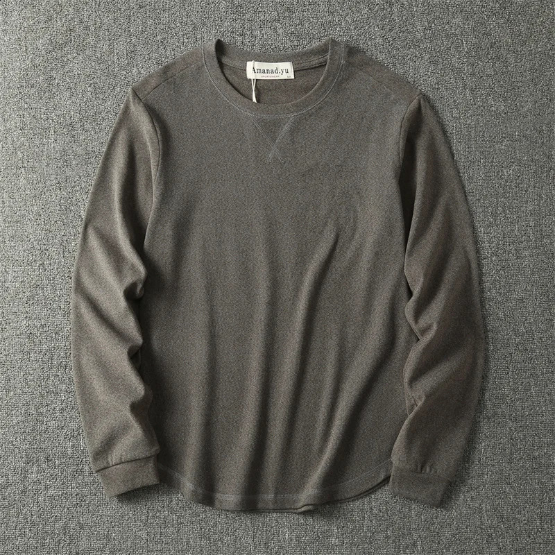 Autumn American Retro Mens O-neck Solid Color Wash Long Sleeve Cotton T-shirt Loose Casual Fashion Undercoating 240812