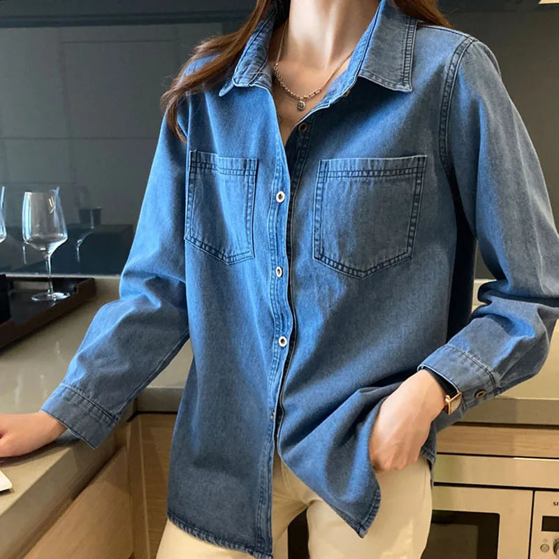 Lucyever Blue Denim Shirt Women Autumn Single-Breasted Jeans Blouses Female Pockets Loose Fashion Lapel Cowboy Blusas 240812