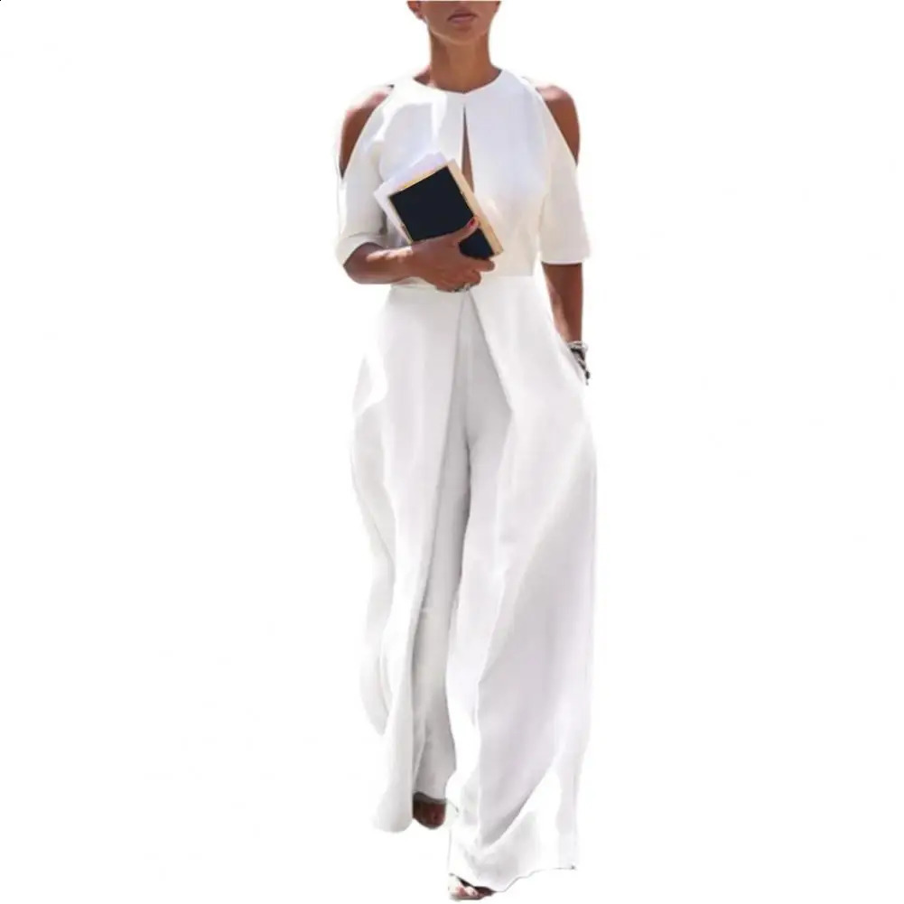 Soft-touching Breathable Cold Shoulder Half Sleeve Front Hollow Long Jumpsuit Streetwear 240813