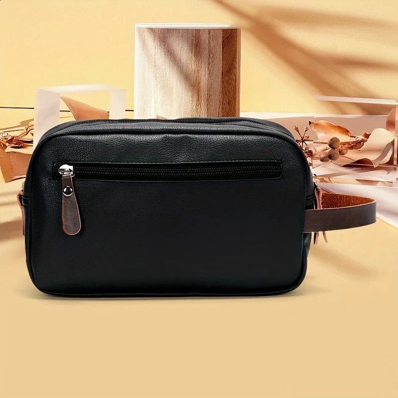 Black retro mens handbag portable travel toilet storage bag double zipper waterproof casual clutch bag 240812