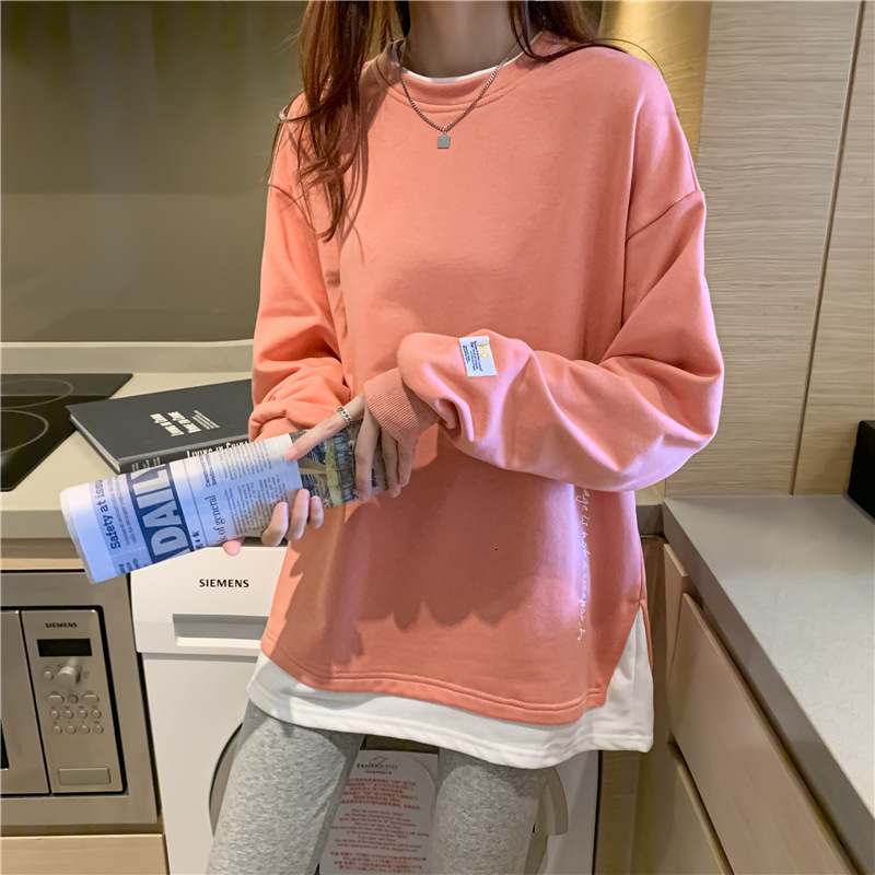 new side slit long sleeved T shirt women round neck pullover fake two piece autumn winter hoodie for women c414c