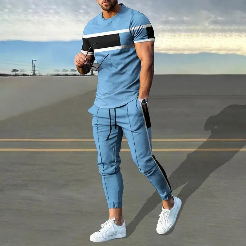 Summer Male Loose Casual Printing T-shirt Elastic Waist Pants Set Men Short Sleeve Street Style Pullover Tee Sweatpants Homme 240813