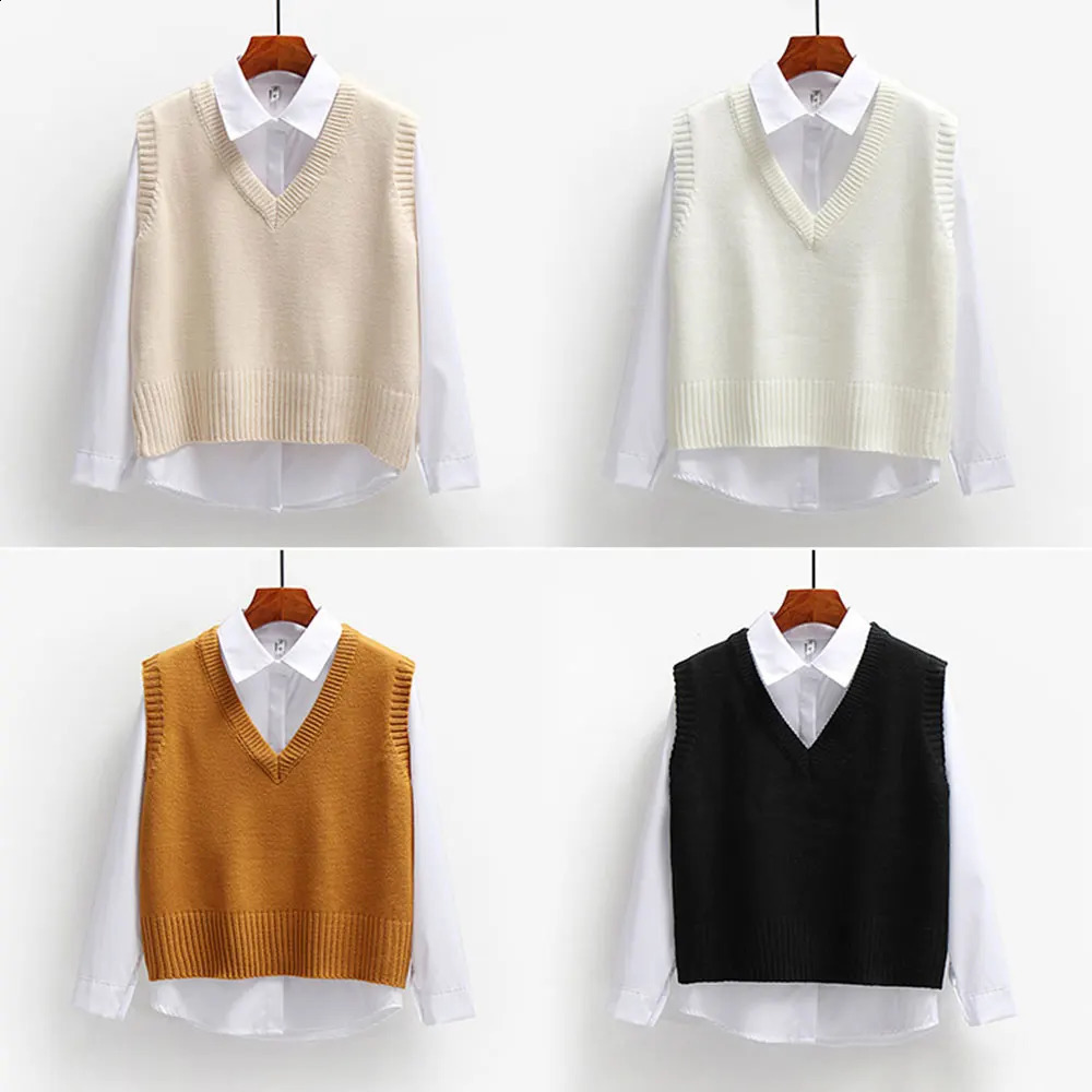 Women Korean Harajuku Sleeveless Knitted Sweater Casual Vest Elegant V Neck Waistcoat Loose Pullover Female Autumn Jumper 240813