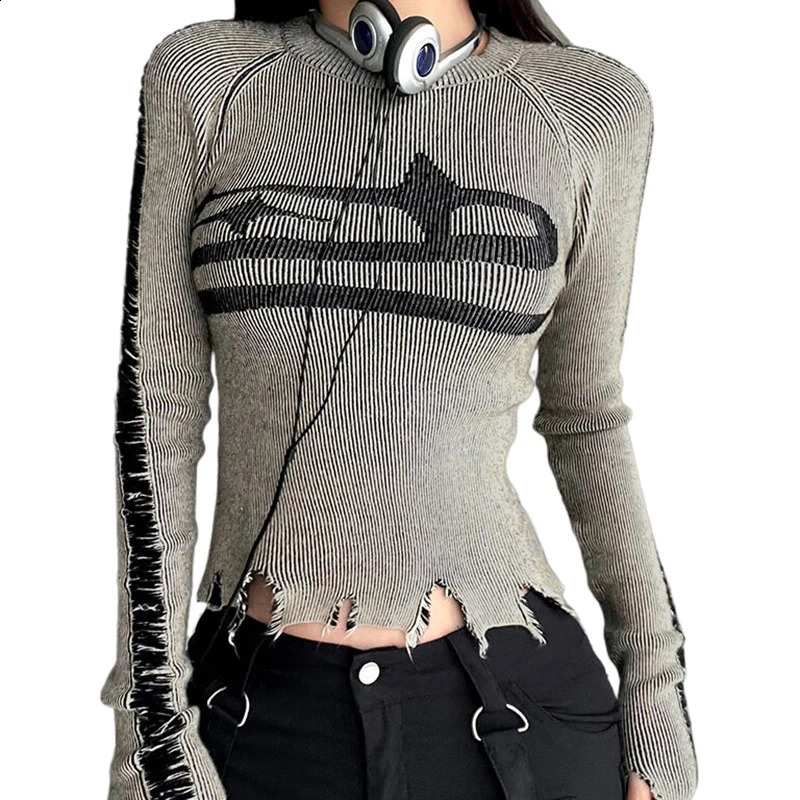 Y2K Ripped Vintage Sweater Harajuku Patchwork Print Long Sleeve Jumpers For Women Autumn Winter Basic Pullovers Street Style 240812