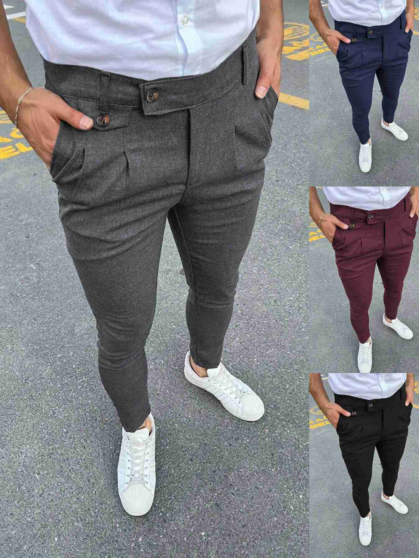 New Mens Business Casual Skinny Stretch Slim Fit Pencil Pants Trousers Fashion Zipper Mid Waist Solid Jogging Khaki Track PantsXJ240813