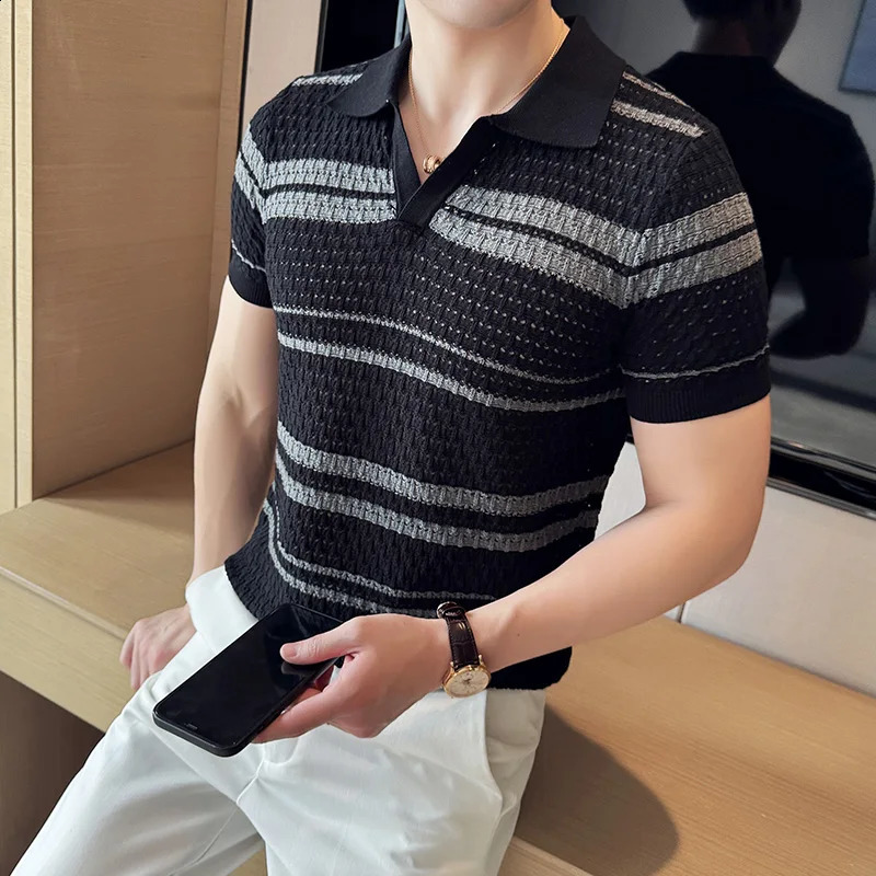 Mens slim fit Polo shirt jacquard knit short sleeve shirt T-shirt V-neck color-blocked Polo shirt 2024 high quality M-3XL. 240813