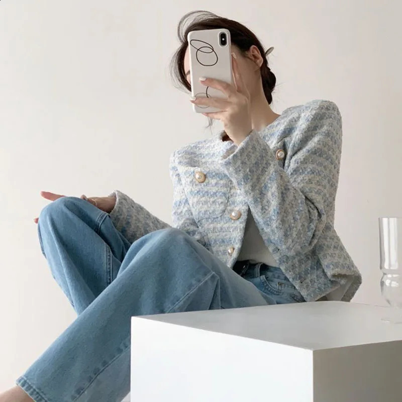 Xpqbb Autumn Winter Tweed Short Coat Women Korean Fashion Long Sleeve Single-breasted Jackets Casual Loose O-neck Outerwear Lady 240812