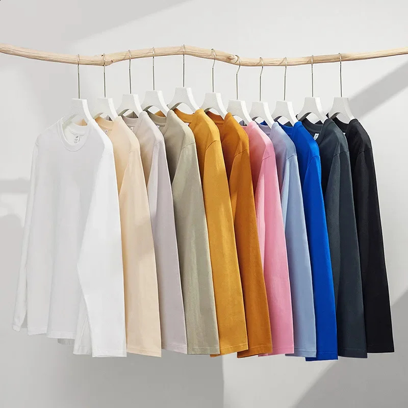 Autumn 230g Cotton Heavyweight Round Neck Solid Color Long Sleeved Mens T-shirt Loose Bottomed Shirt 240820