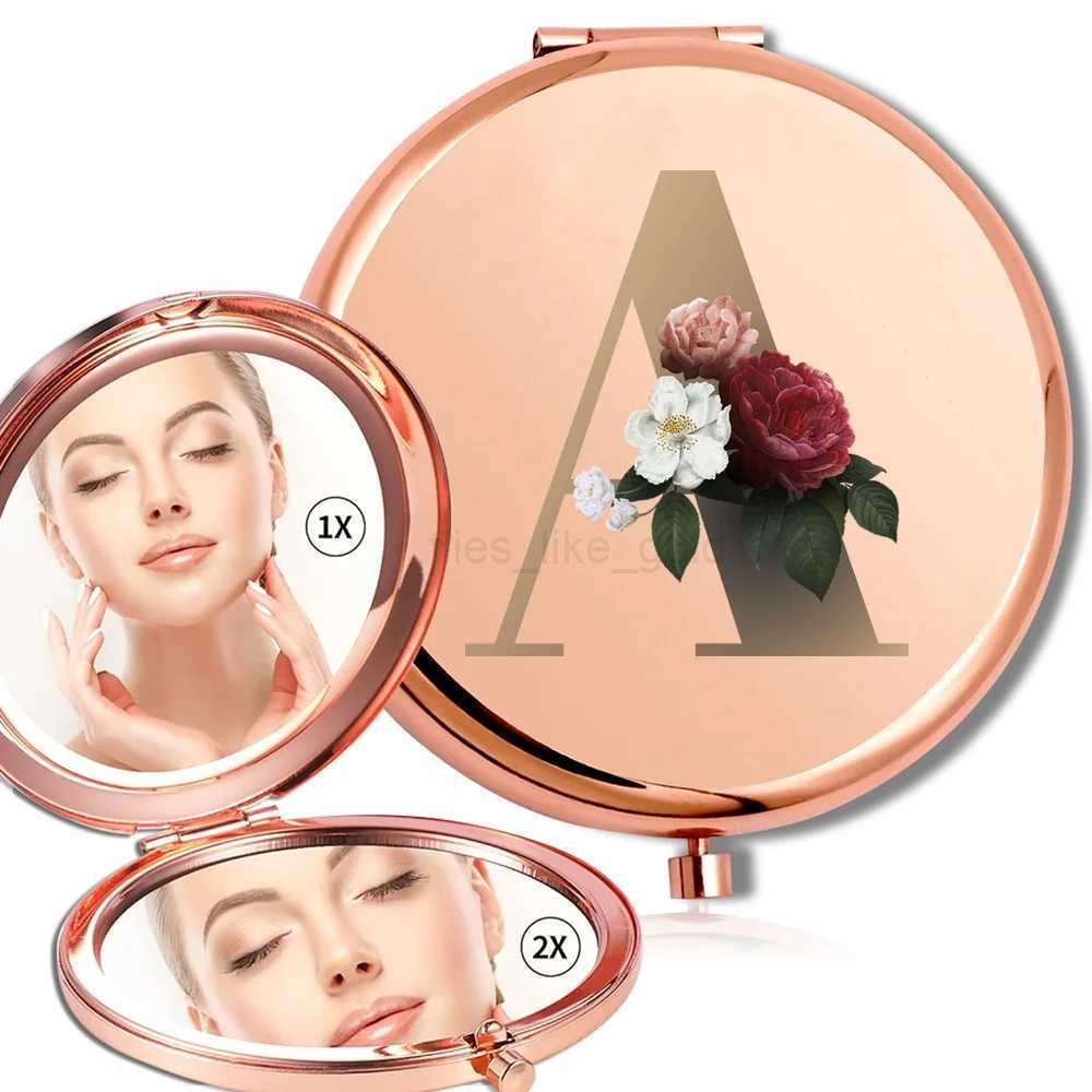 Womens Folding Makeup Circular Mirror Handheld Makeup Double sided Mirror Metal Magnifying Wallet Appearance Glass Gold Letter Pattern W240813