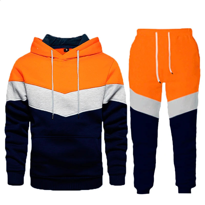 Autumn Winter Loose Casual Patchwork Hoodies Elastic Waist Sweatpants Set Male Fashion Pocket Pullover Hooded Top Pants Suit Men 240813