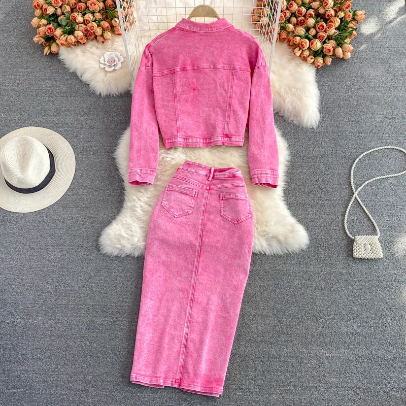Pink Short Denim Jacket Womens Skirt Set Mid-length High Waisted Split Slinm Package Hip Skirts 2024 Spring Autumn 240812