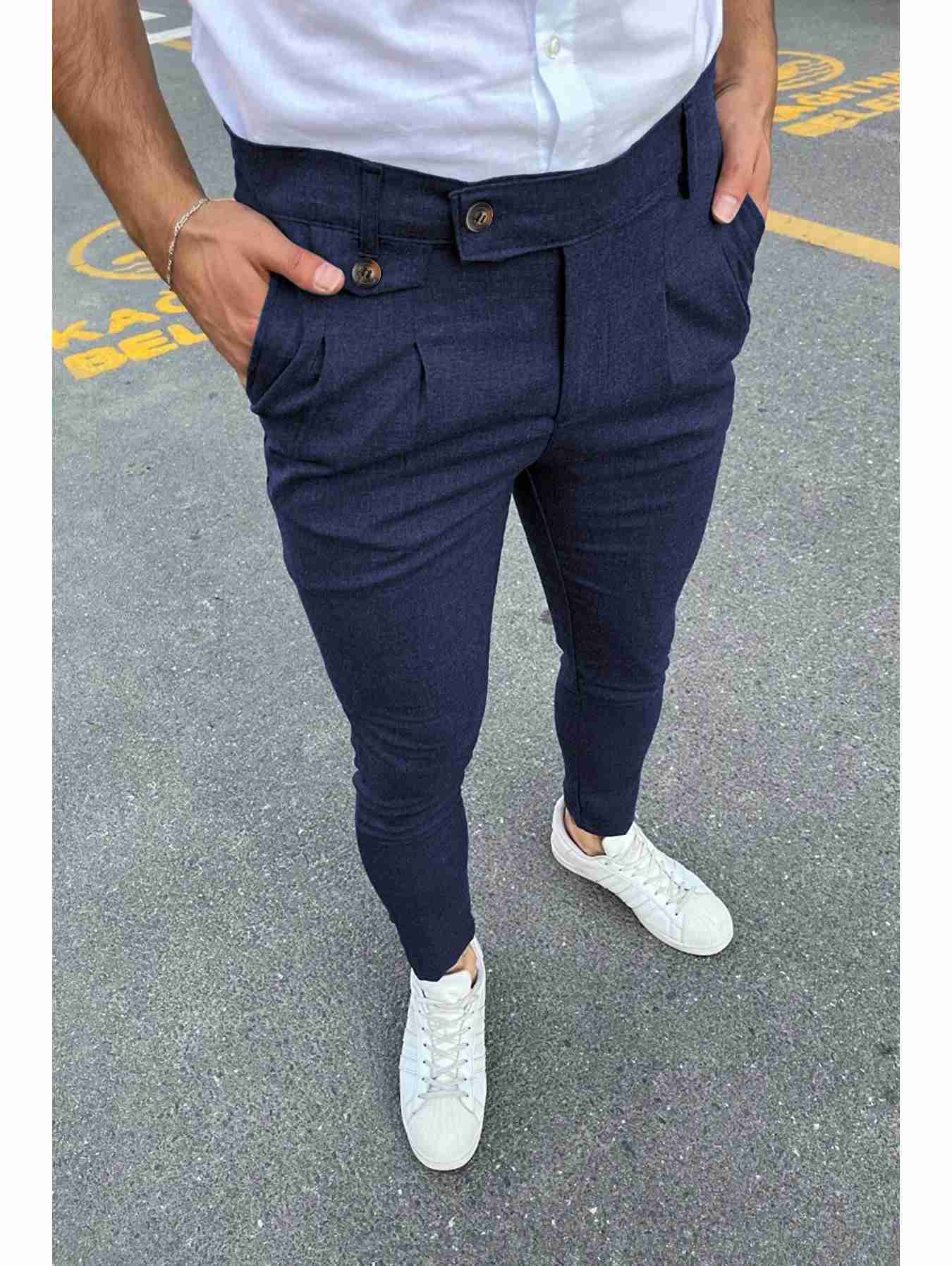 New Mens Business Casual Skinny Stretch Slim Fit Pencil Pants Trousers Fashion Zipper Mid Waist Solid Jogging Khaki Track PantsXJ240813