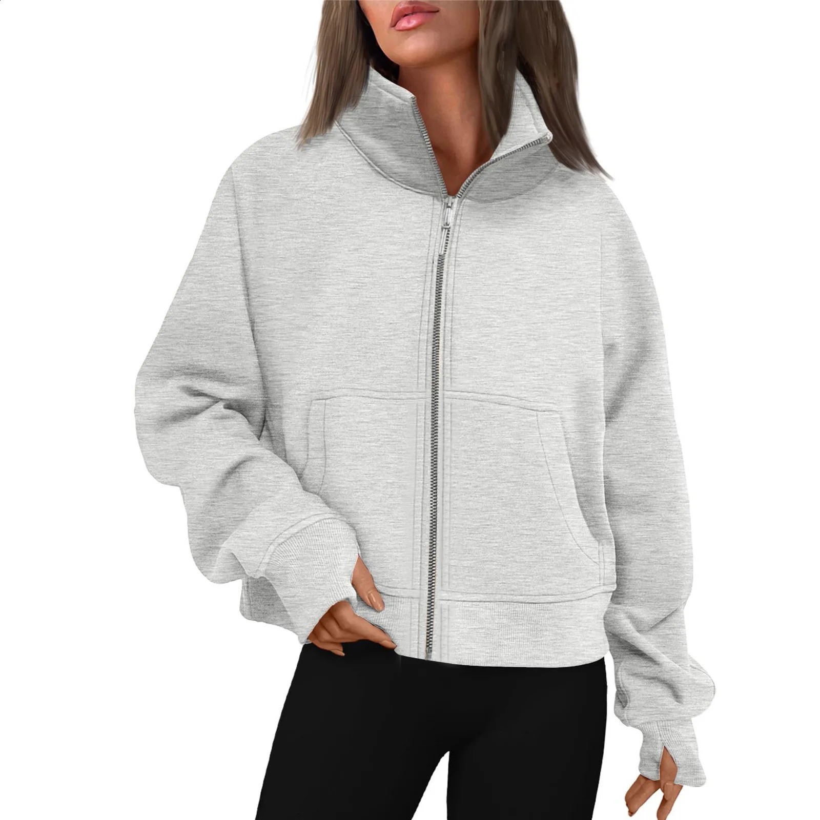 Autumn Winter Fashion Women Cotton Fleece Long Sleeves Thumb Hole Zipper Short Stand-Up Collar Thick Cardigan Sports Hoodie 240812