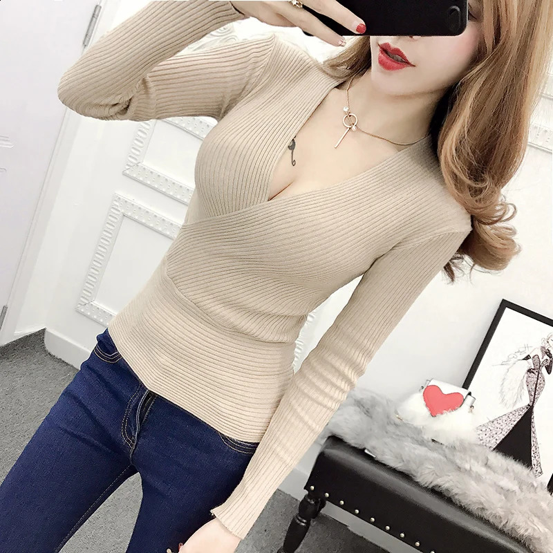 Sexy deep Vneck sweater womens ultrathin bottom large elastic knitted ribbed cotton long sleeved top 240812