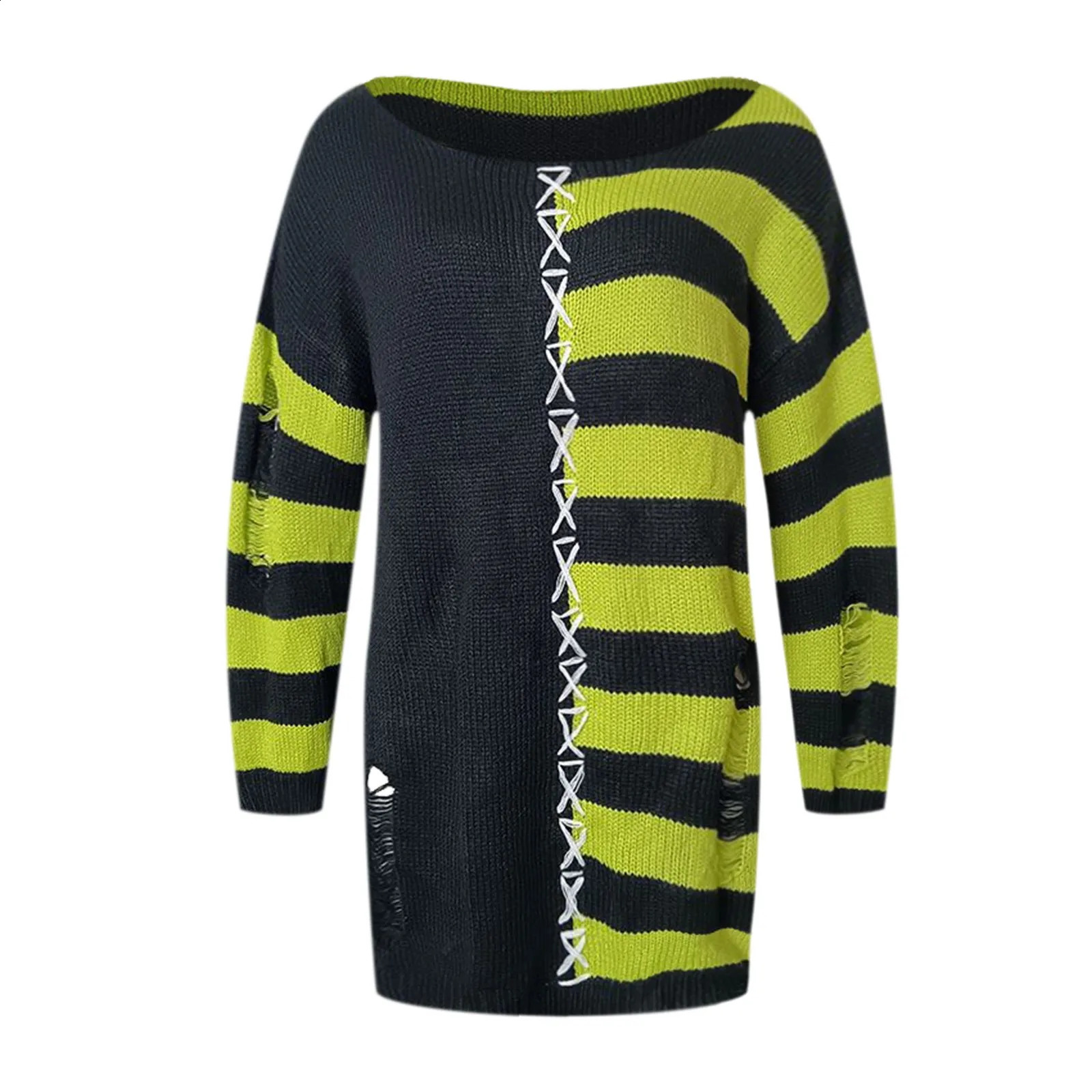 Y2K Gothic Gradient Striped Sweaters Women Ripped Holes Knitted Pullovers Streetwear Contrast Color Loose Jumpers 240812