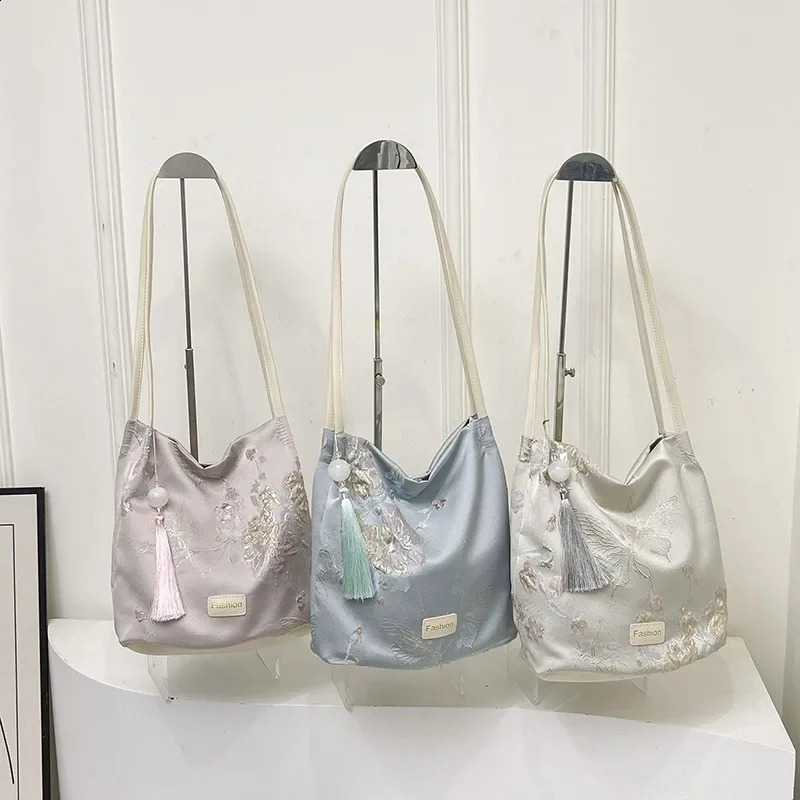 Chinese style floral embroidery bucket handbag for women Han Fu paired with butterfly PU strap satin shoulder bag 240813