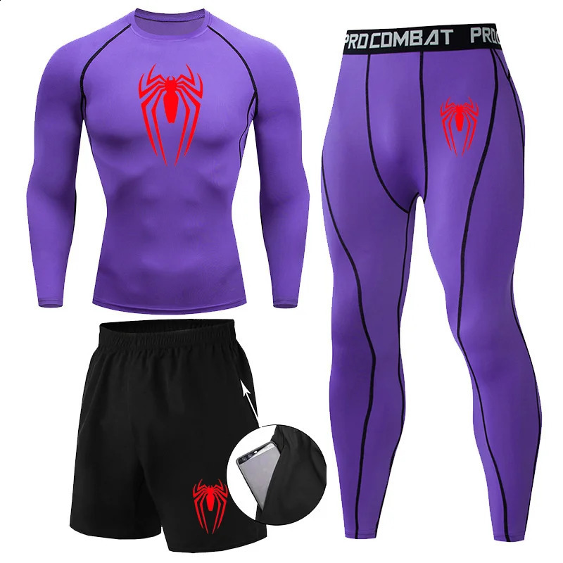 Men 3Pc Set Compression Sports Suit Spider Thermal Underwear Long Johns Clothes Running Tracksuit Wear Exercise Workout Tights 240812