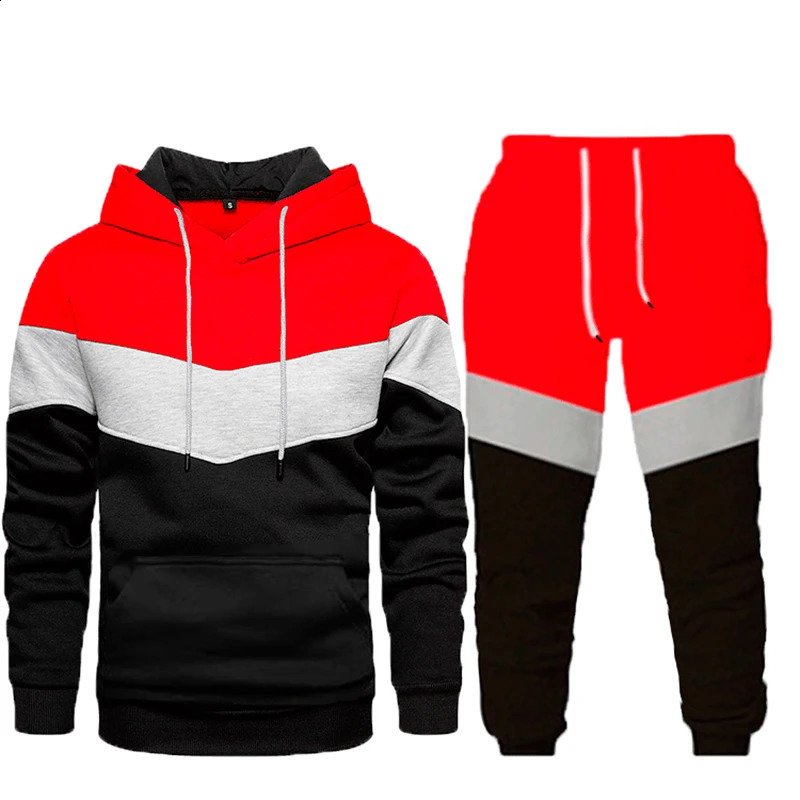 Autumn Winter Loose Casual Patchwork Hoodies Elastic Waist Sweatpants Set Male Fashion Pocket Pullover Hooded Top Pants Suit Men 240813