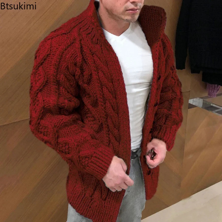 Autumn Winter Mens Warm Coat Cardigan Sweater Stretchy Long Sleevev Twist Texture Thermal Sweater Coat Male 240813CJ