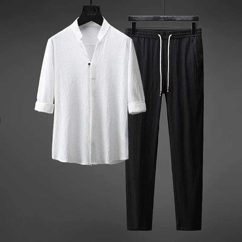 Summer Solid Color Cotton Linen Set for Mens Casual Relaxing Comfortable Breathable Large Size Two piece M4XL 240816