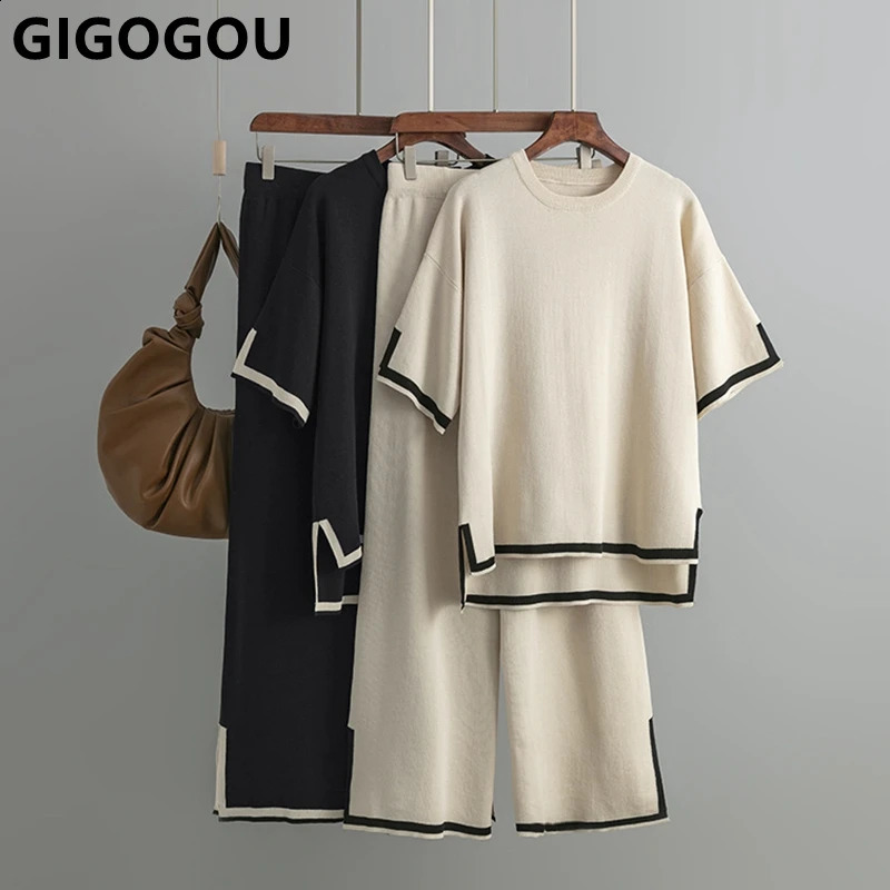 GIGOGOU Summer Two Piece Loose T Shirt Women Tracksuit Fashion Knit Casual Short Sleeves Set Breathable Ladys Pant Suit 240813