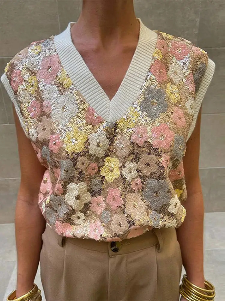Elegant Colorful Flower Sequins Sweater Vest Women Fashion Loose V Neck Sleeveless Knitted Pullover 2024 Spring Lady Waistcoat 240813