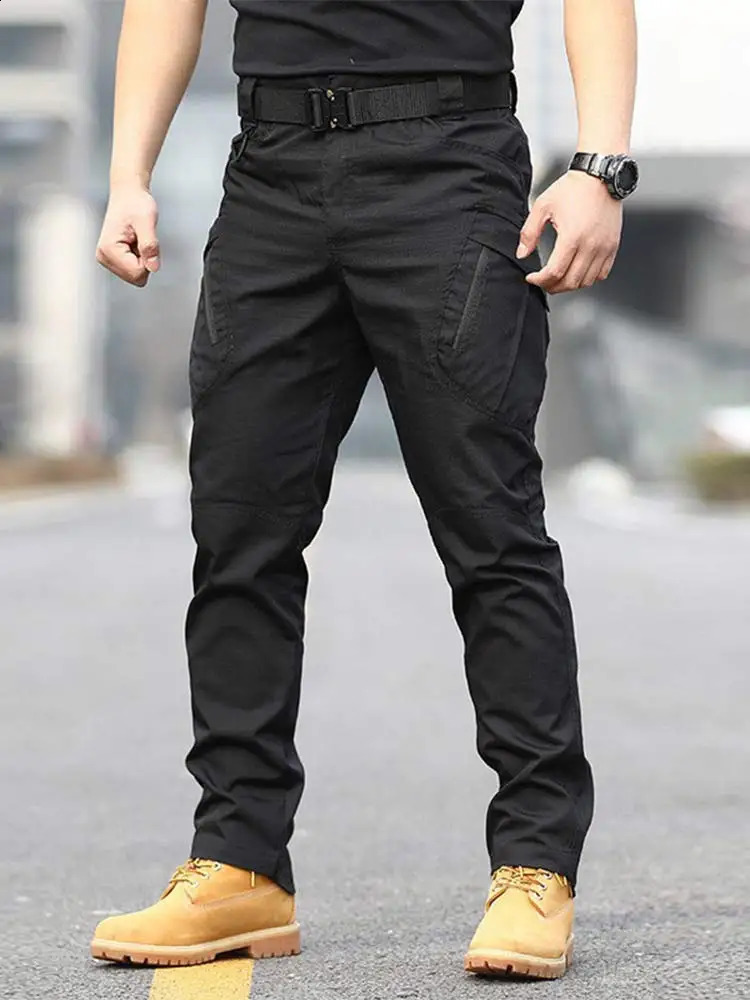 Trendy Elastic Waist Lace Cargo Pants American Style Casual Straight Mens Loose Solid Multi Pocket 240812