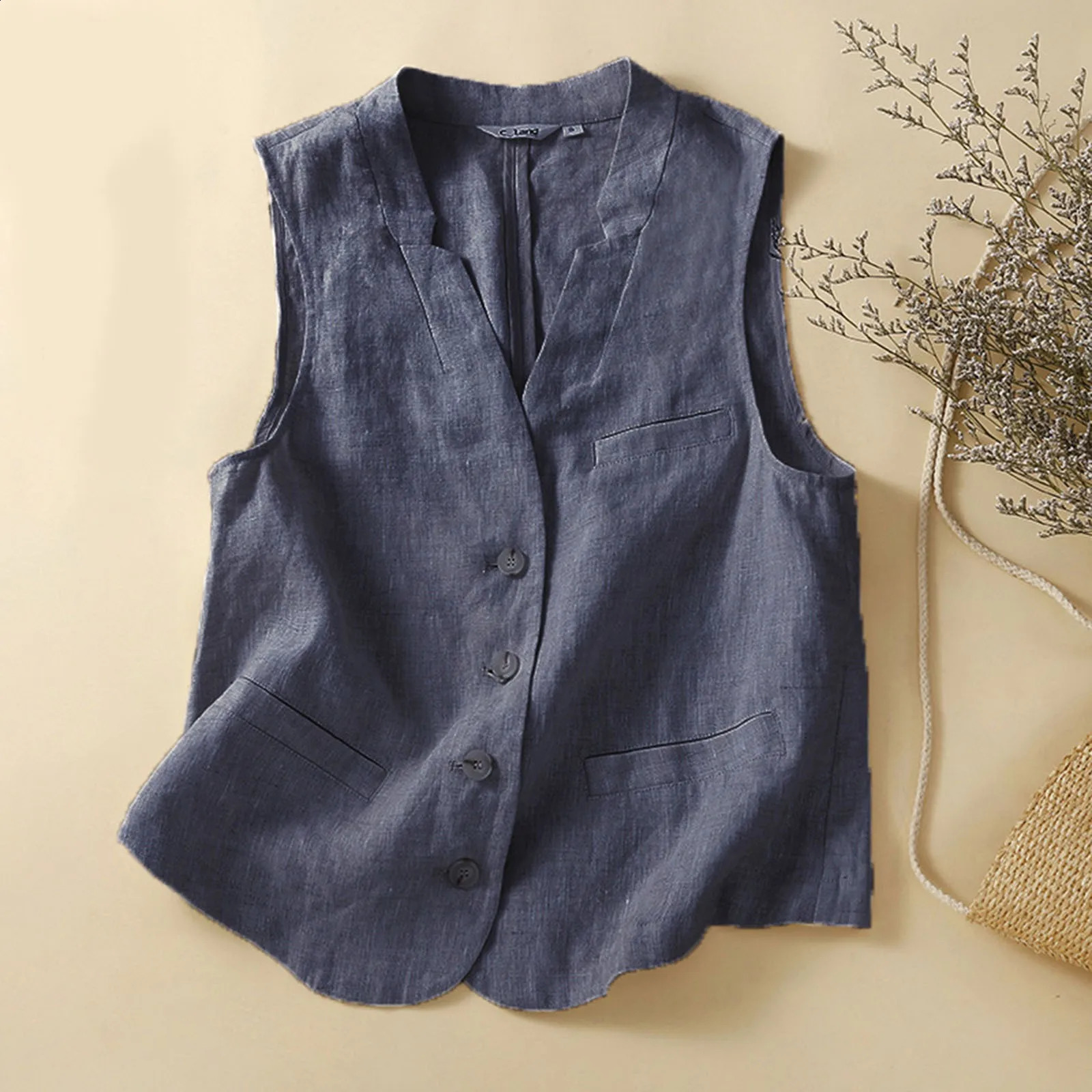 Vintage Women Vest Cotton Linen Casual Loose Vest Outerwear Single Breasted V Neck Sleeveless Vests Jackets 2024 Summer Top 240813