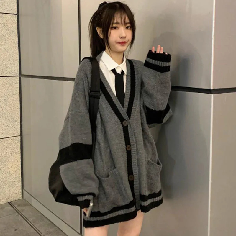 Lucyever Preppy Style Knit Sweater Women Single Breasted V-Neck Warm Cardigan Woman Patchwork Grey Long Sleeve Sweaters Coat 240812