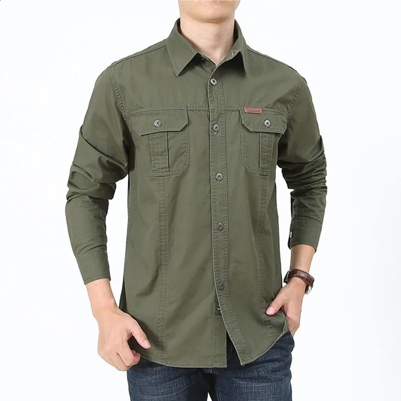 Mens cargo shirt solid color springsummer casual long sleeved top soft cotton mens multi pocket single chest 240812