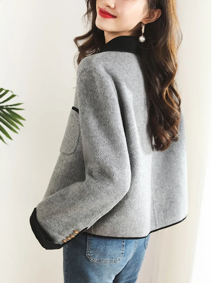 Zoki Elegant Grey Tweed Jacket Women Fashion Buttons Fall Casual Short Coat Korean Office Lady Turn Down Collar Patchwork Tops 240812