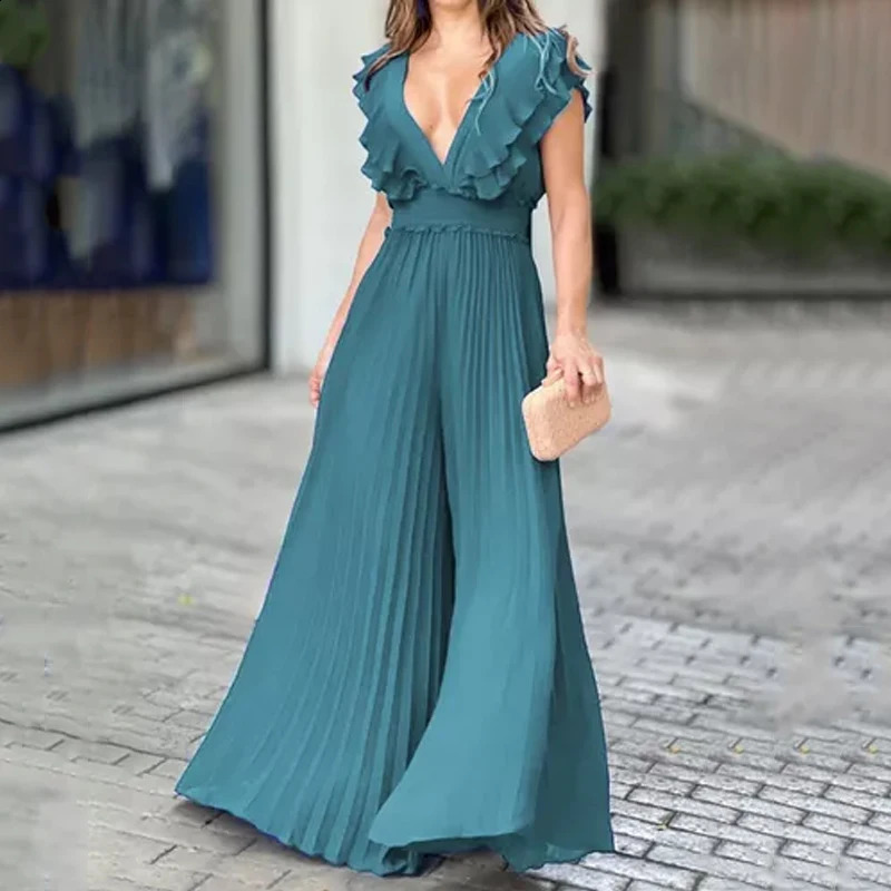 Wefads Jumpsuit Summer Elegant Women Solid Color Sleeveless V Neck Ruffled Backless Nipped Waist Wide Legs Loose Pleated Rompers 240813