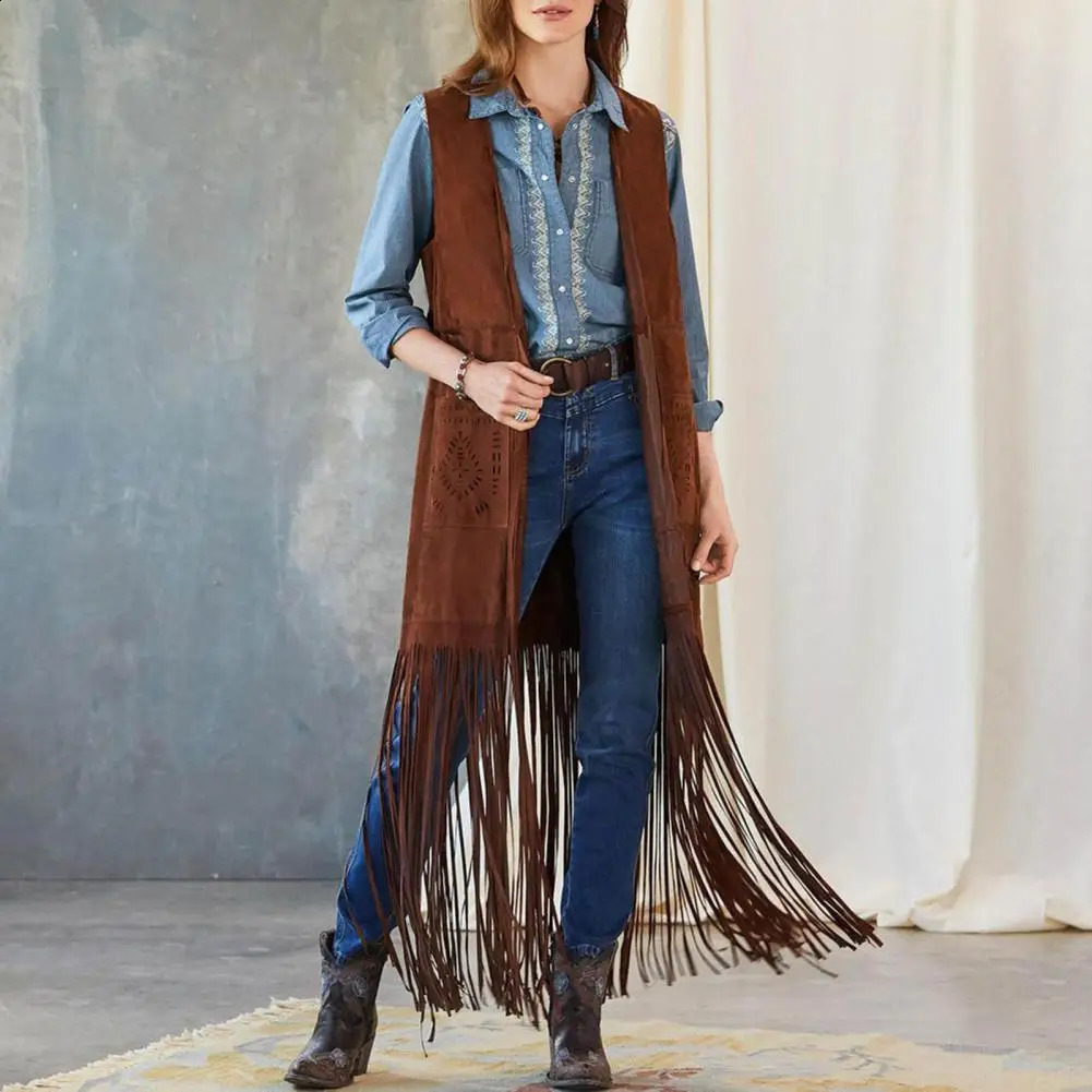 Women Vest Fringe Long Tassel Open Front Sleeveless Loose 70s Cardigan Solid Color Patch Pocket Cowboy Cosplay Waistcoat 240813
